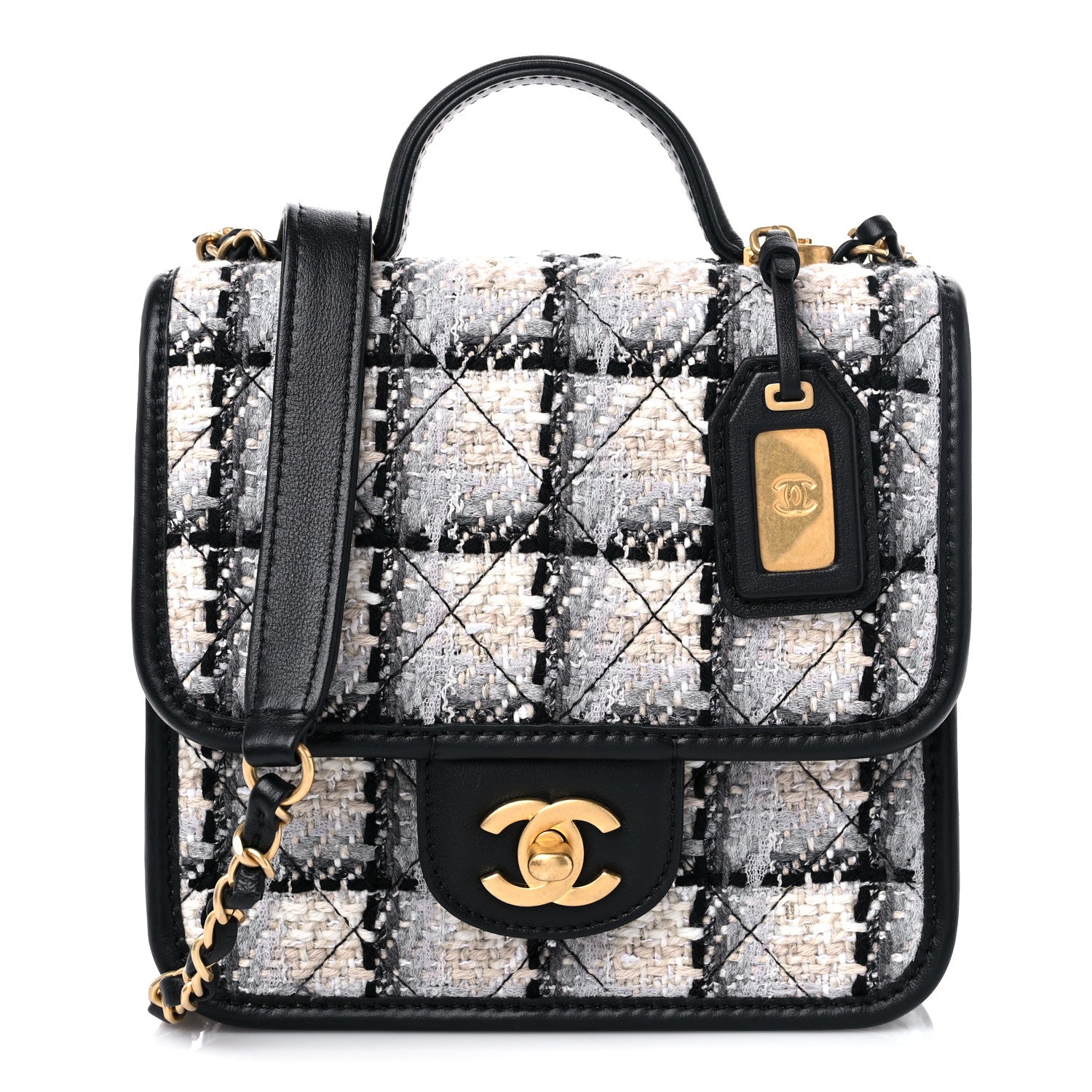 Chanel Tweed Calfskin School Memory Mini Top Handle Flap Ecru Grey Beige Black 1 of 10