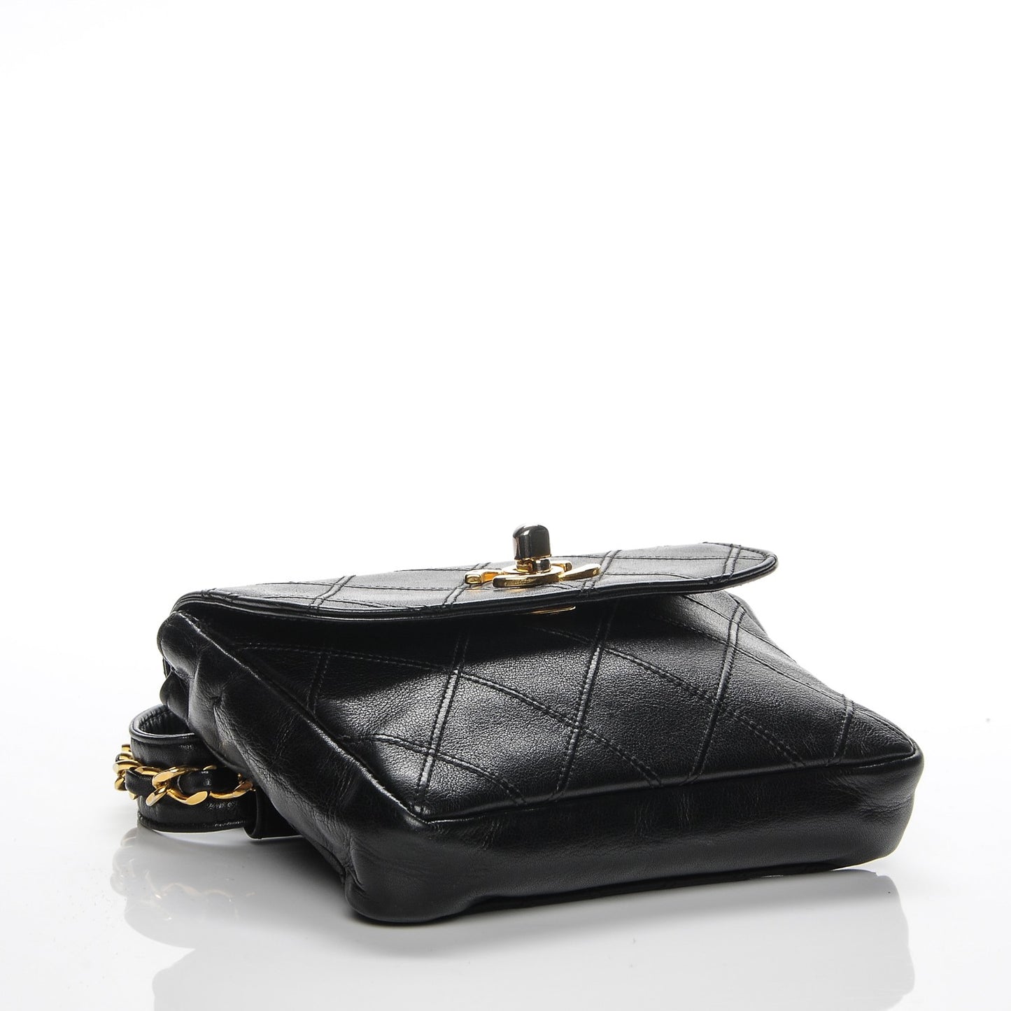 Lambskin Diamond Stitched Flap Waist Chain Belt Bag Black