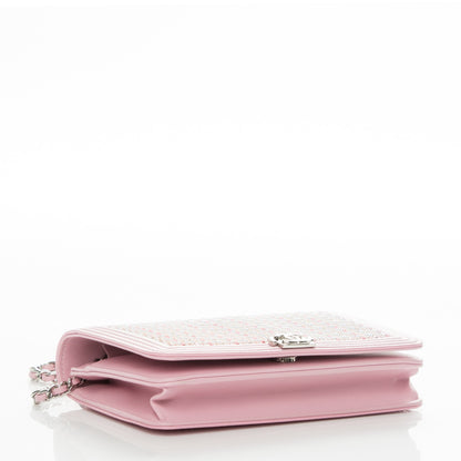 Chanel Calfskin Crystal Studded Boy Wallet On Chain WOC Pink 4 of 8
