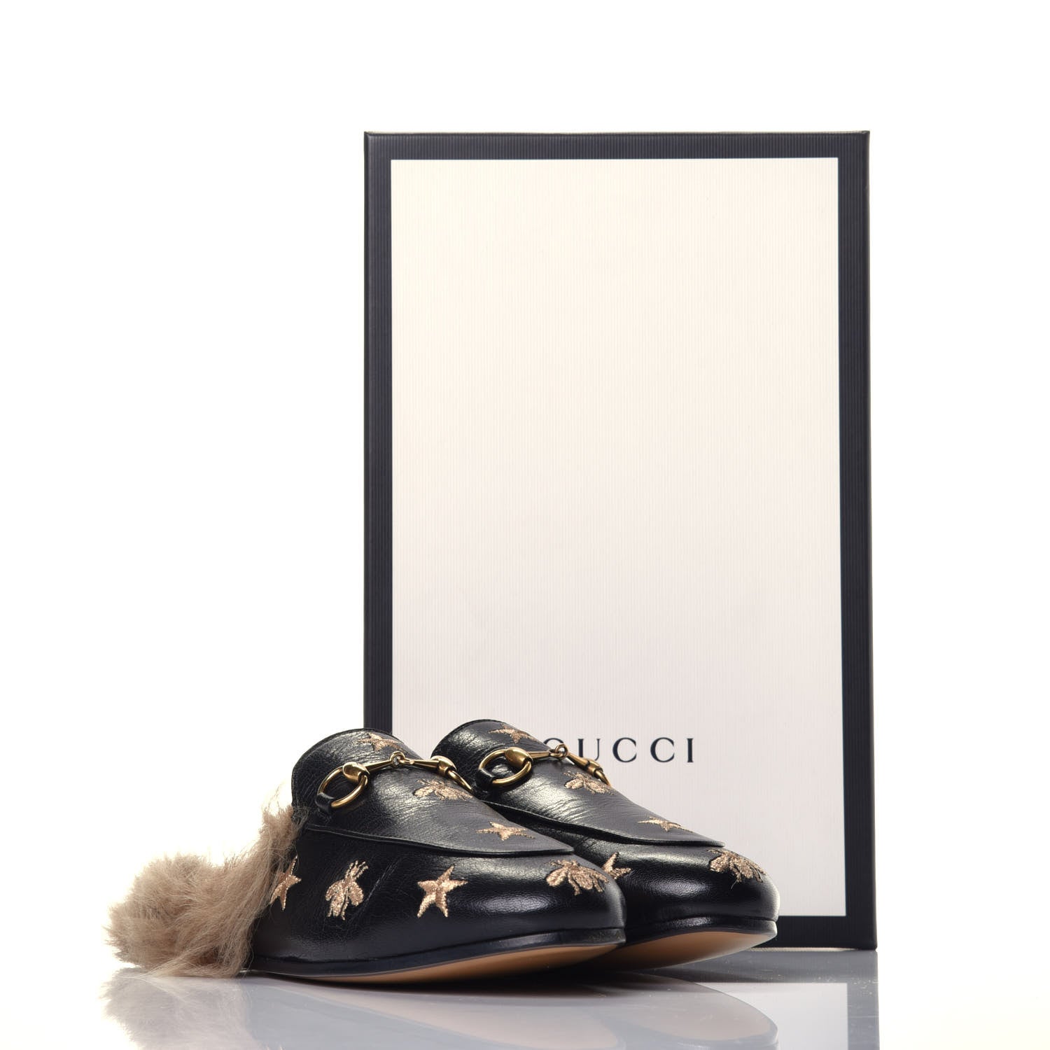 Gucci Goatskin Fur Bee Star Embroidered Womens Princetown Slippers 35.5 Black 8 of 8