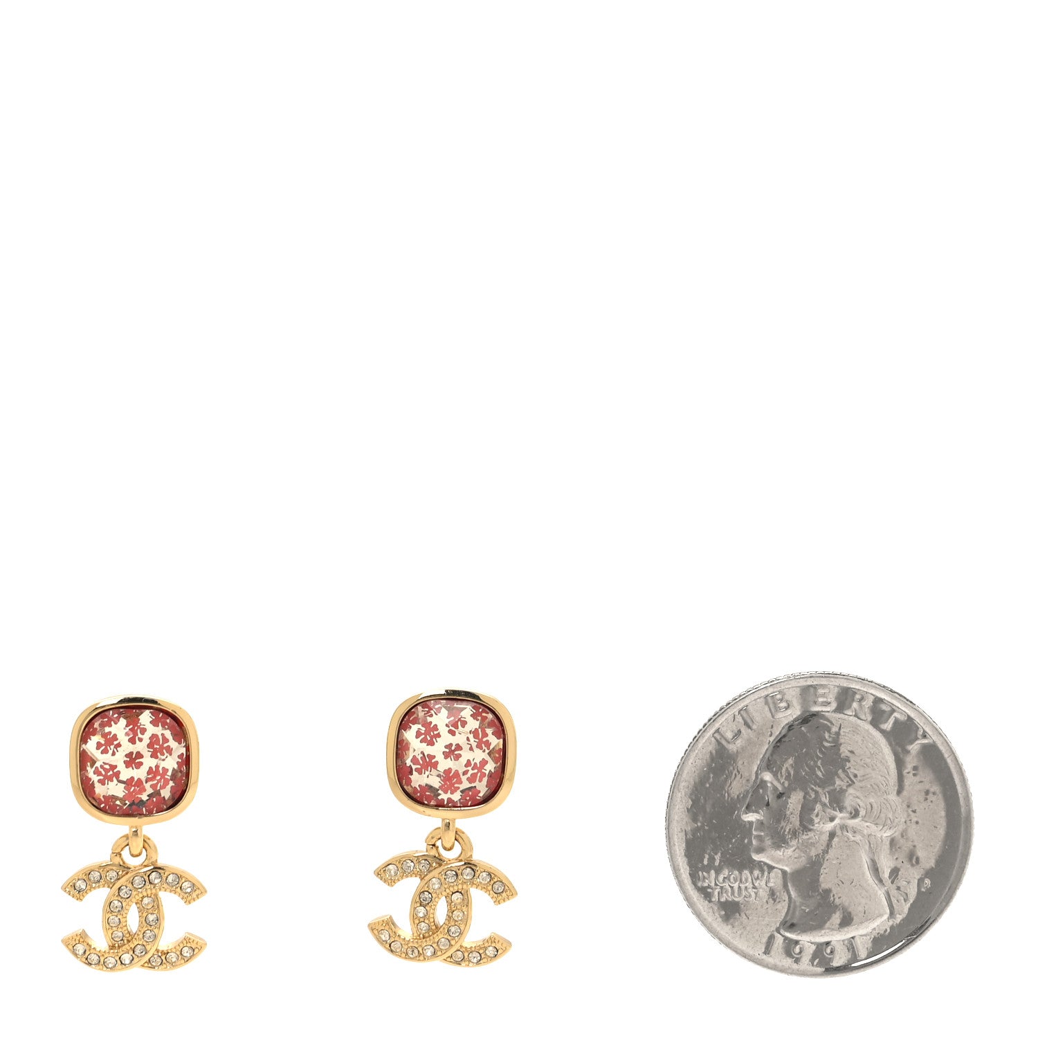 Chanel Crystal Printed CC Drop Earrings Gold Pink 2 of 5