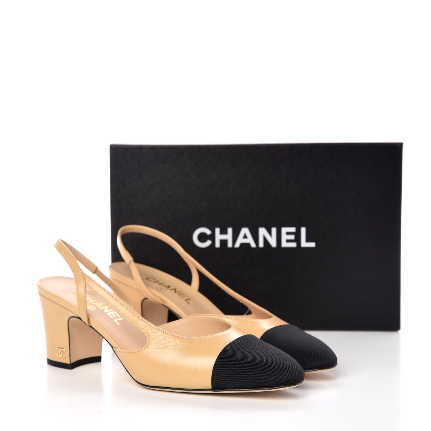 Chanel Goatskin Grosgrain Cap Toe CC Slingback Pumps 39 Beige Black 10 of 10