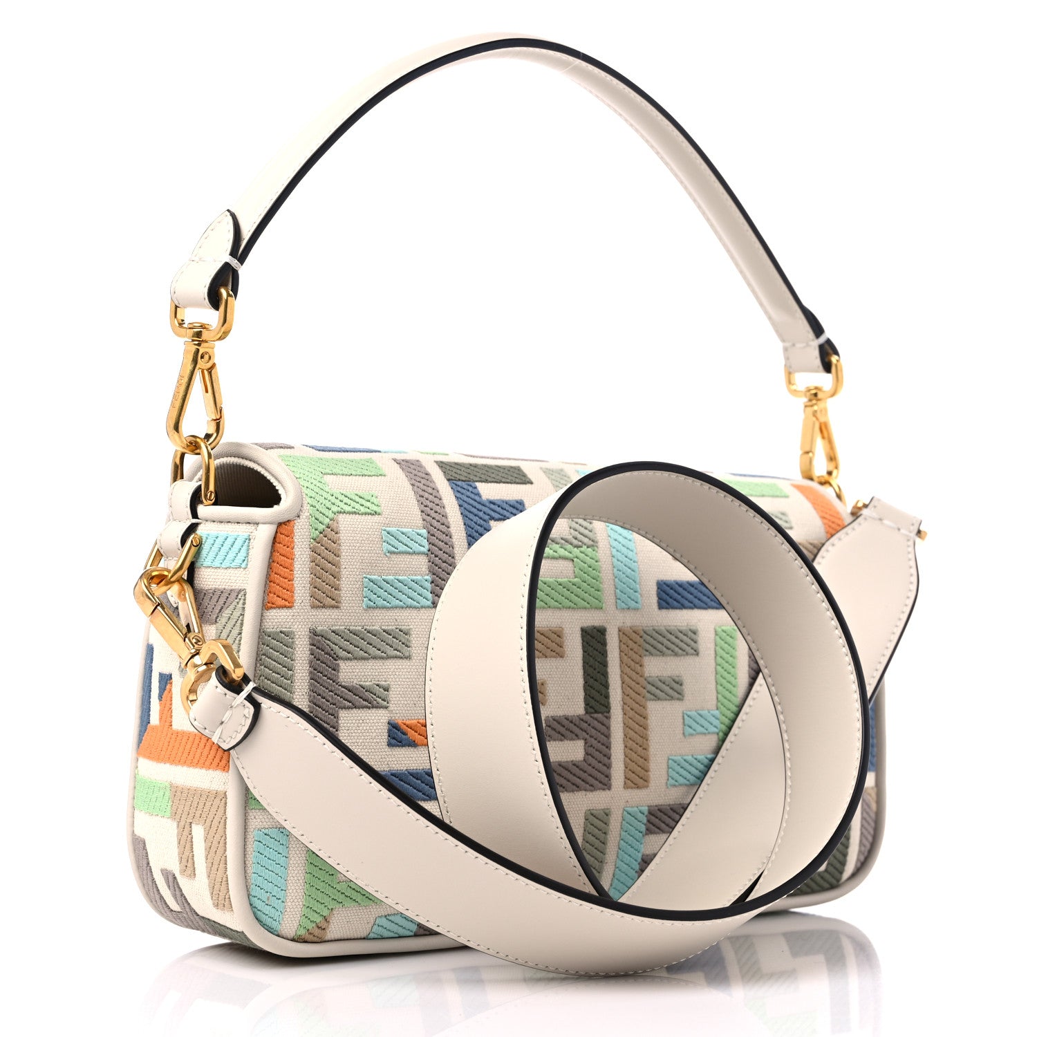 Fendi Canvas Vitello Seta FF Multicolor Embroidered Baguette Grezzo Multicolor Latte 3 of 9