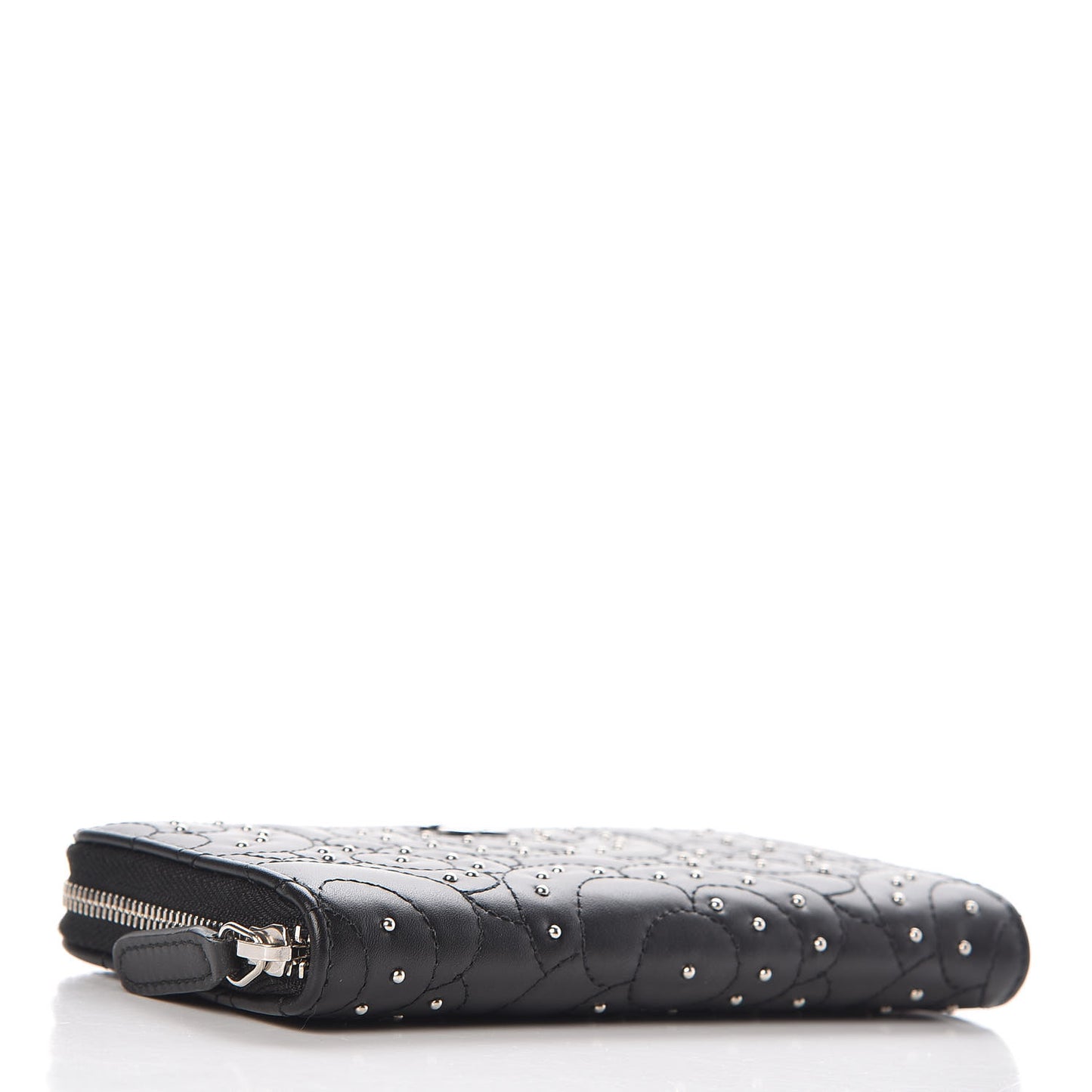 Lambskin Camellia Studded Zip Around Wallet Black