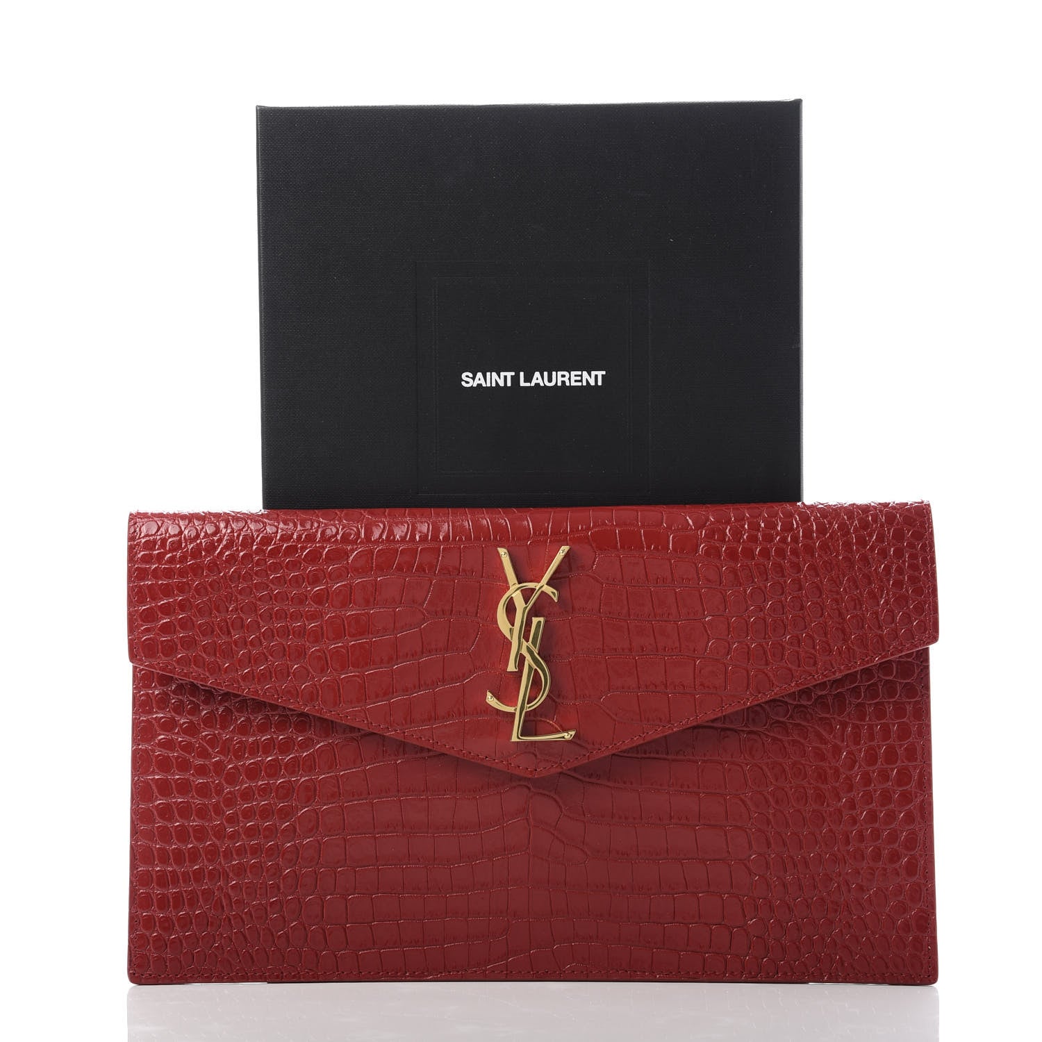 Saint Laurent Calfskin Crocodile Embossed Uptown Monogram Clutch Rouge Eros 7 of 7