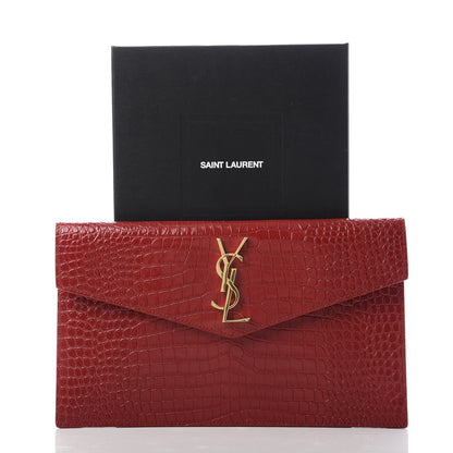 Saint Laurent Calfskin Crocodile Embossed Uptown Monogram Clutch Rouge Eros 7 of 7