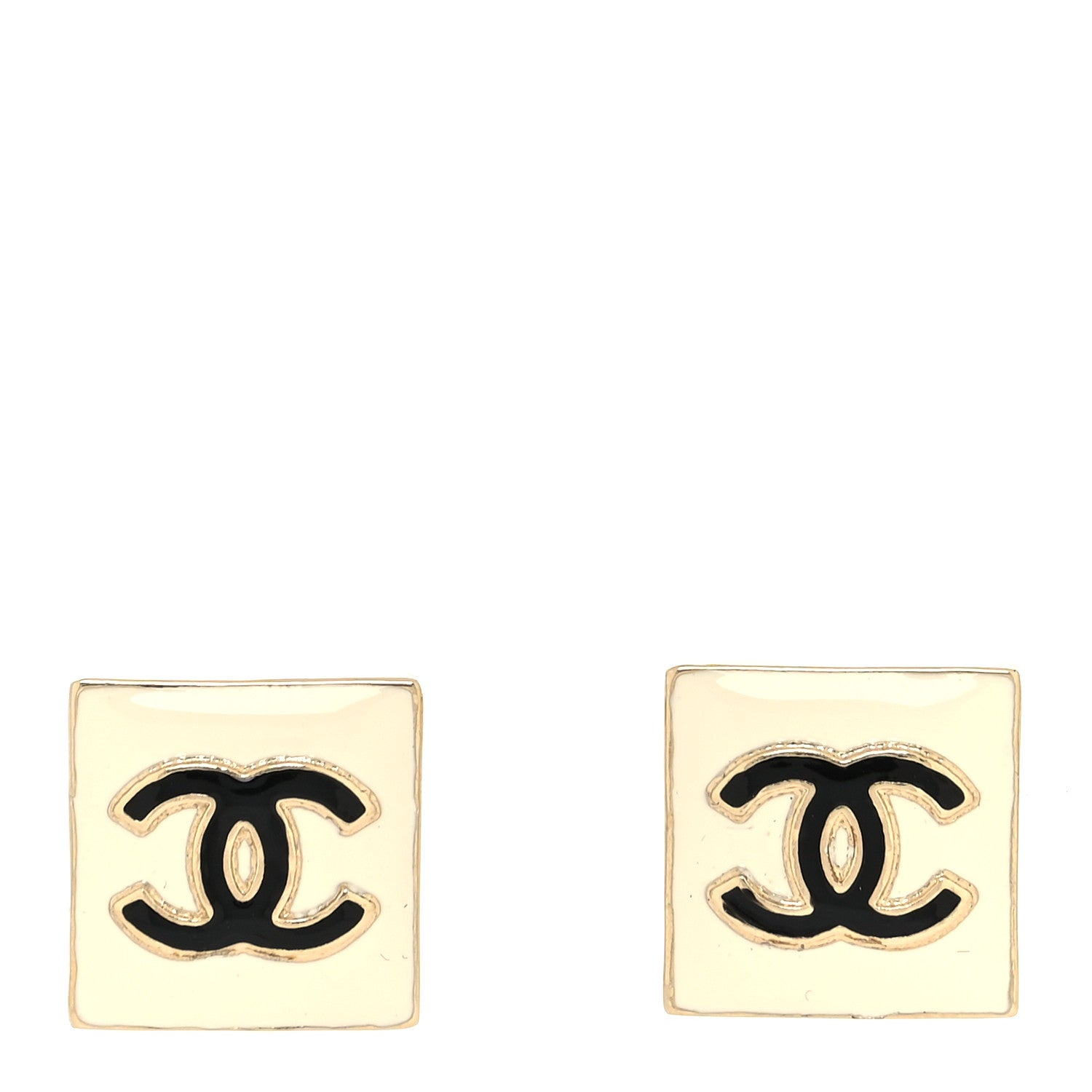 Chanel Metal Enamel CC Square Earrings Gold White Black 1 of 4
