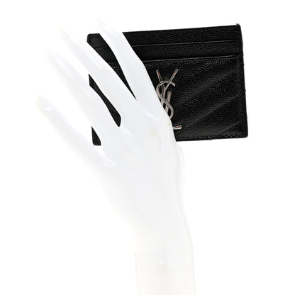 Saint Laurent Grain De Poudre Matelasse Chevron Monogram Credit Card Case Black 2 of 7