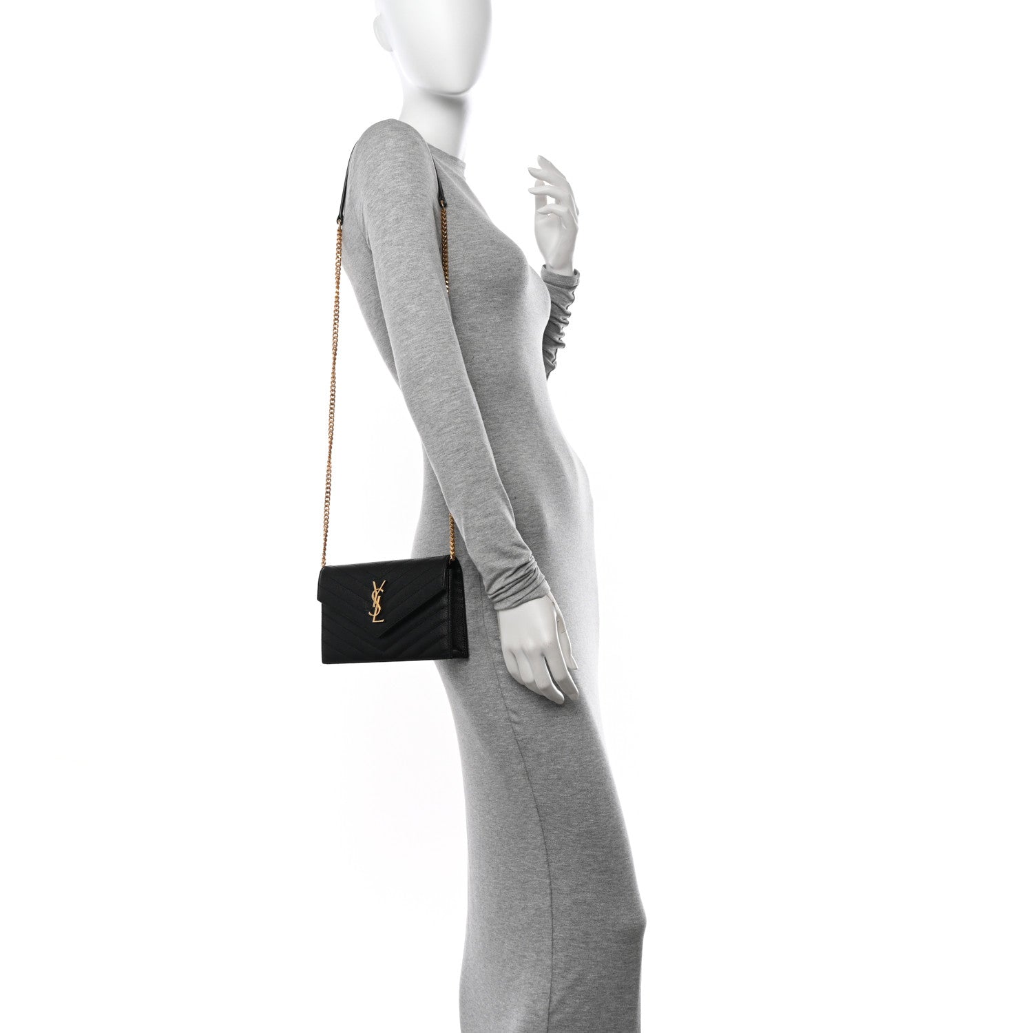 Saint Laurent Grain De Poudre Matelasse Chevron Monogram Envelope Chain Wallet Black 2 of 10