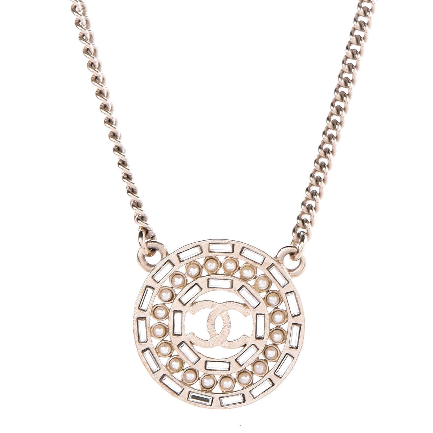 Crystal Pearl CC Medallion Necklace Gold