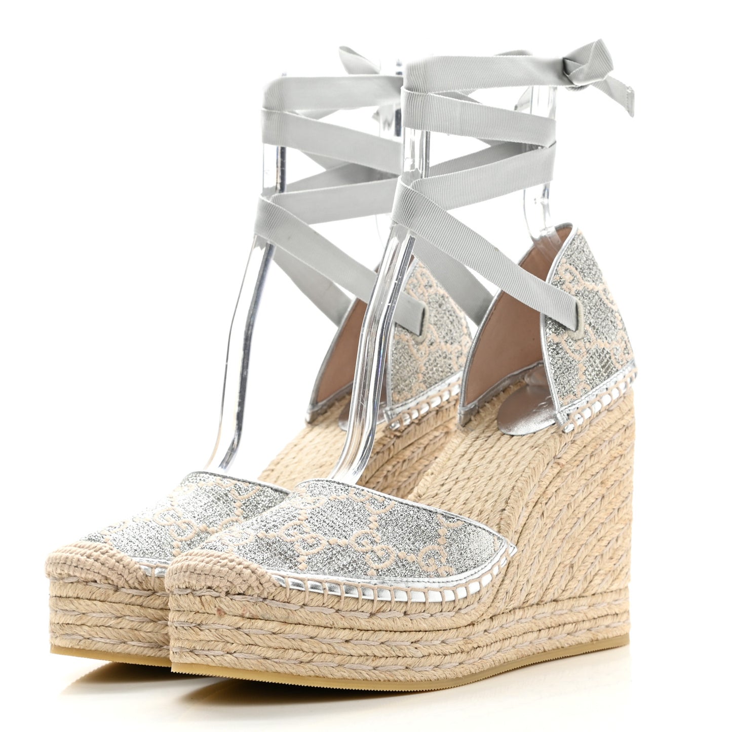 Lame GG Monogram Ankle Wrap Platform Espadrille Wedges 40 Silver Beige Light Grey