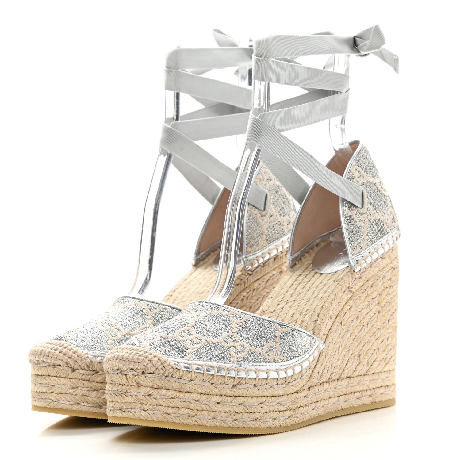 Gucci Lame GG Monogram Ankle Wrap Platform Espadrille Wedges 40 Silver Beige Light Grey 3 of 9