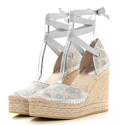 Gucci Lame GG Monogram Ankle Wrap Platform Espadrille Wedges 40 Silver Beige Light Grey 3 of 9