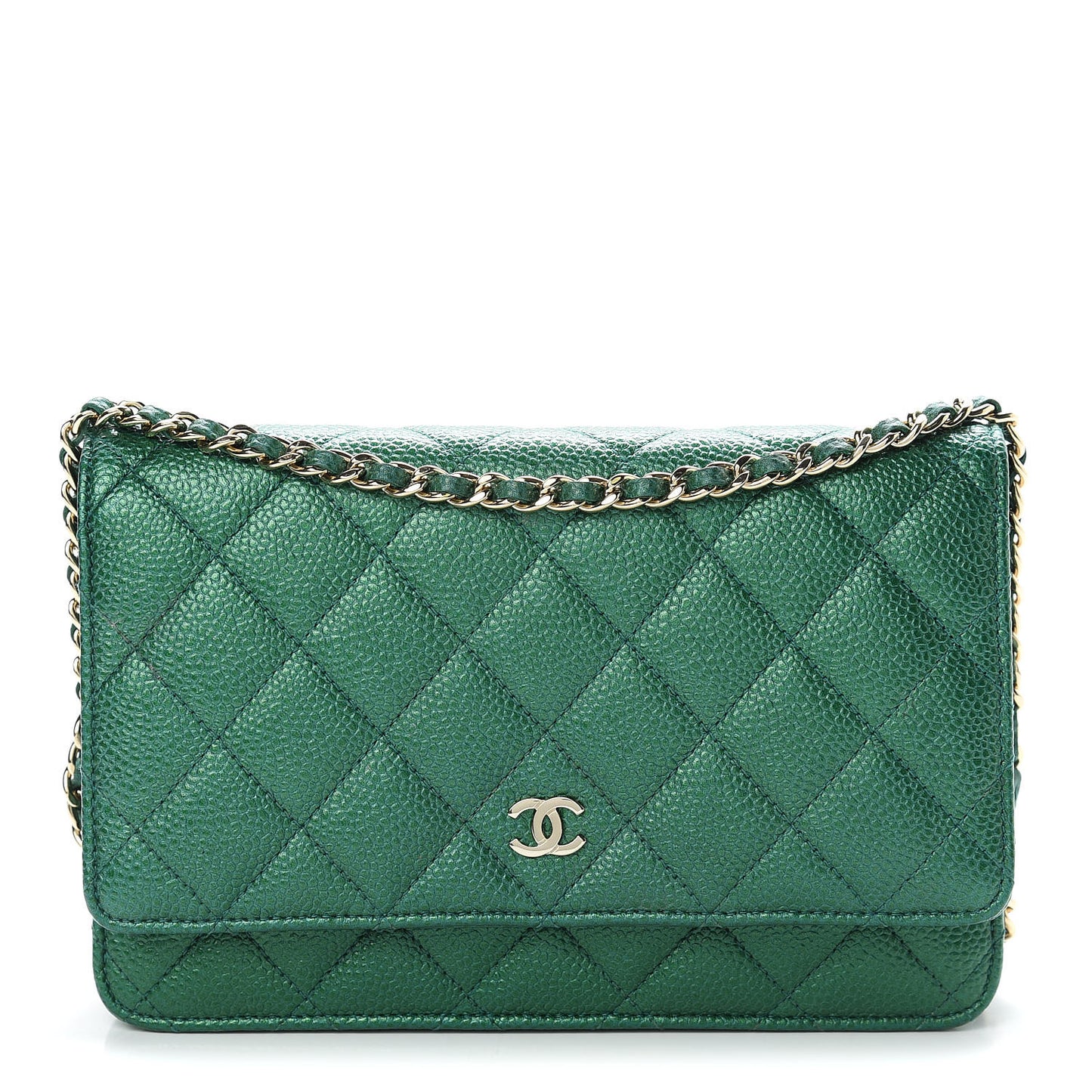 Metallic Caviar Quilted Wallet On Chain WOC Green