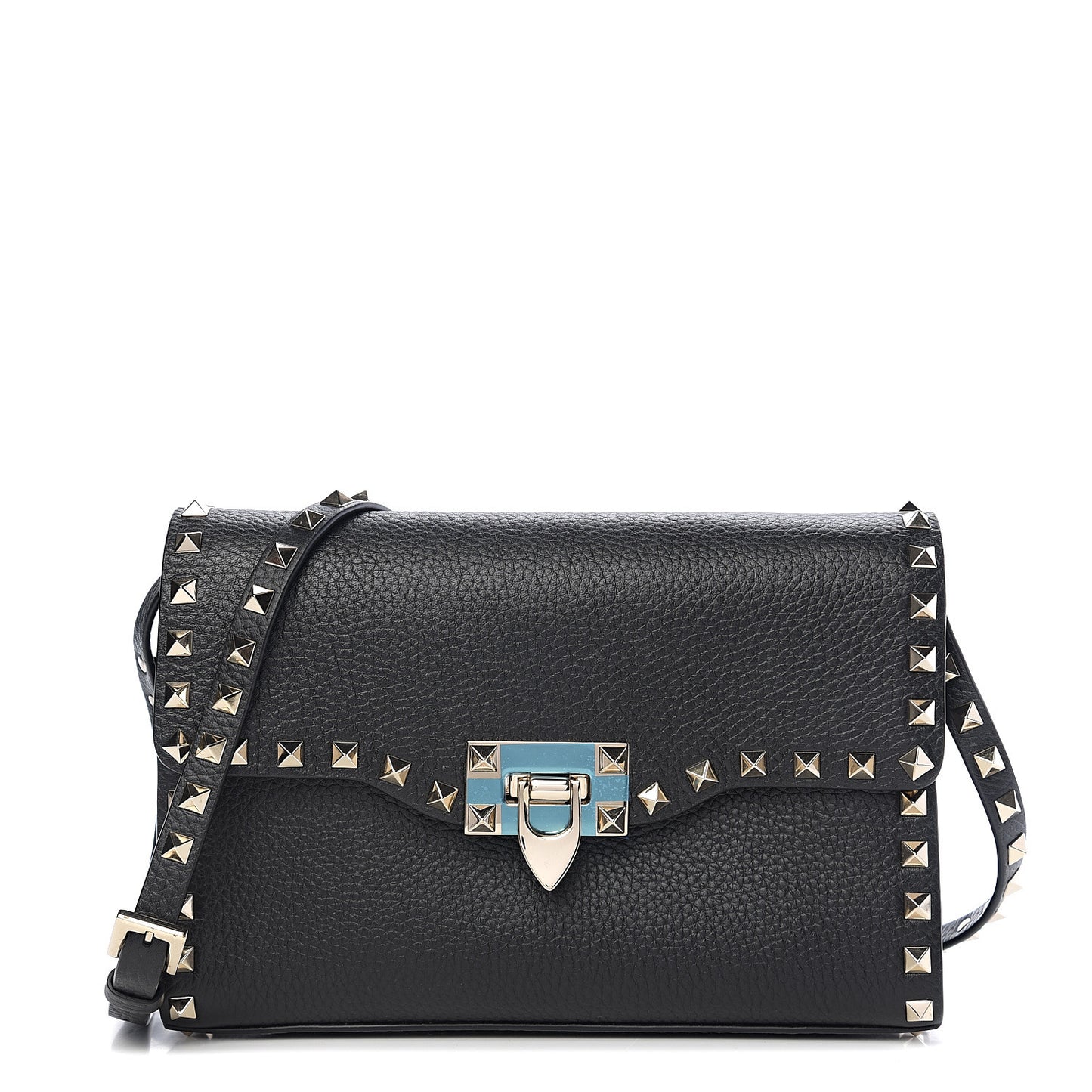 Pebbled Calfskin Medium Rockstud Flip Lock Crossbody Bag Black