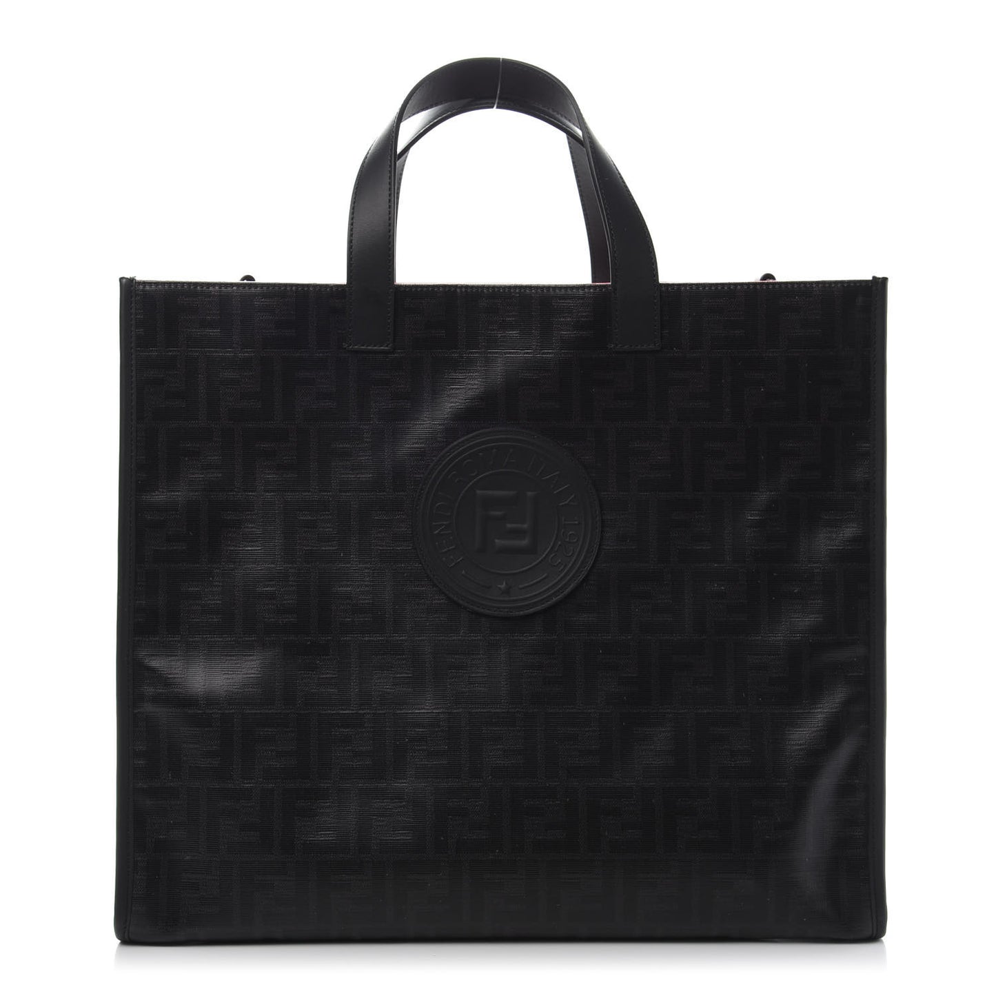 Glazed Fabric Vitello Century FF 1974 Stamp Patch Shopping Tote Black