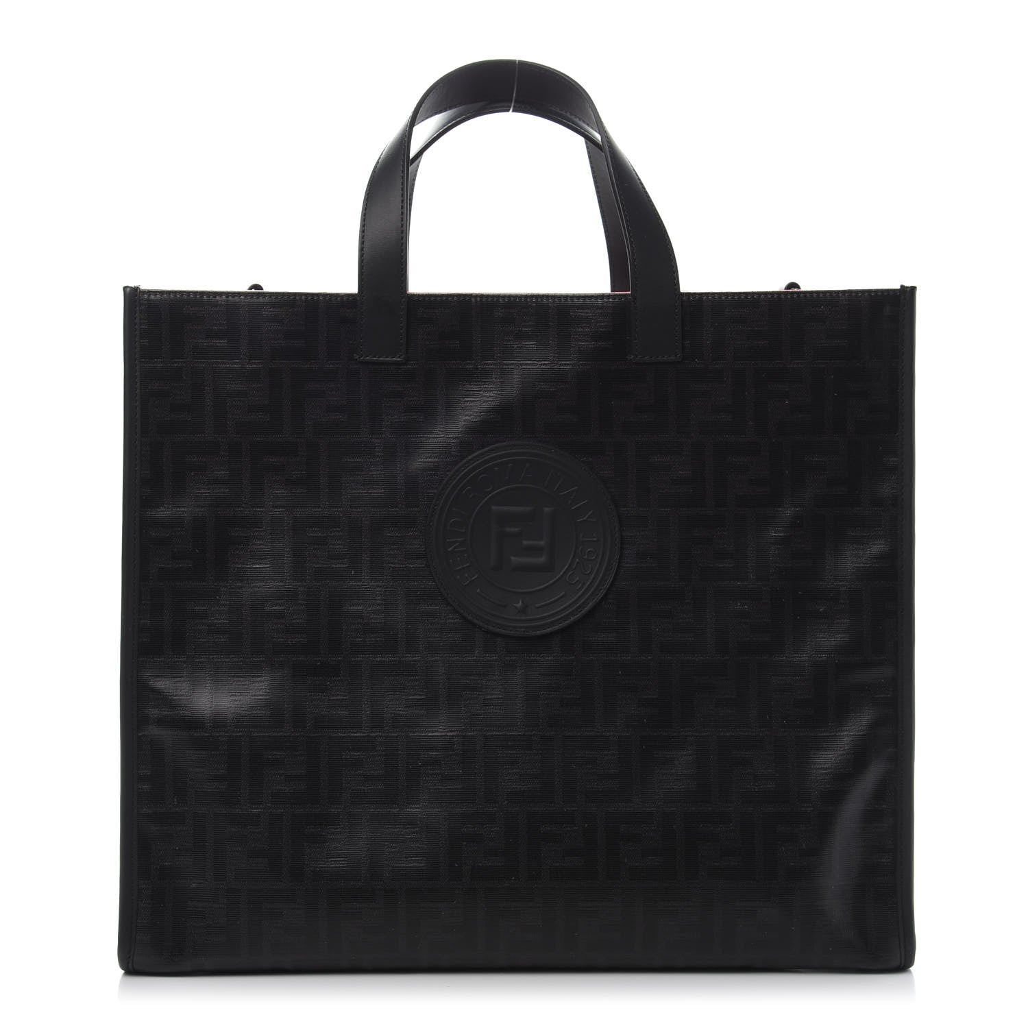 Fendi Glazed Fabric Vitello Century FF 1974 Stamp Patch Shopping Tote Black 1 of 11