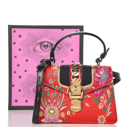 Gucci Jacquard Floral Mini Sylvie Top Handle Bag Red Multicolor Black 8 of 8