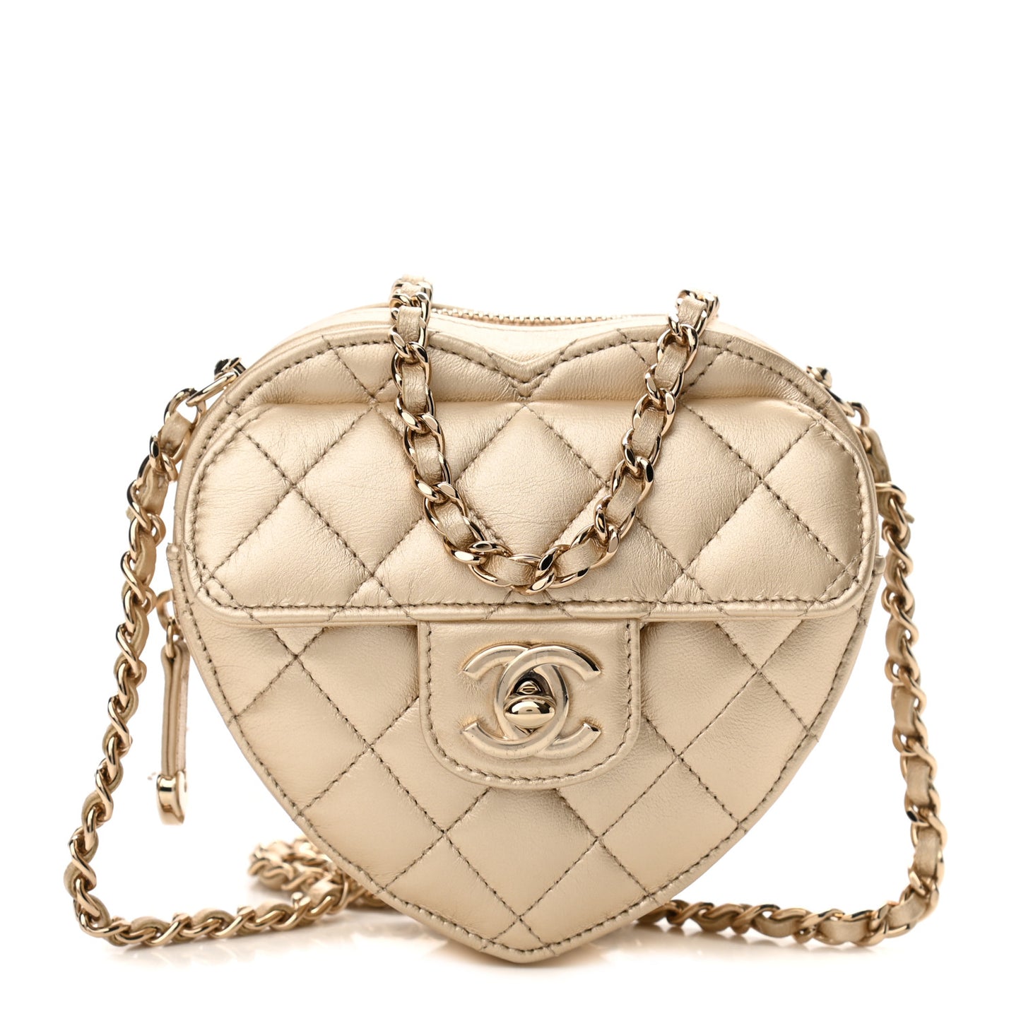 Metallic Lambskin Quilted CC In Love Heart Clutch With Chain Gold