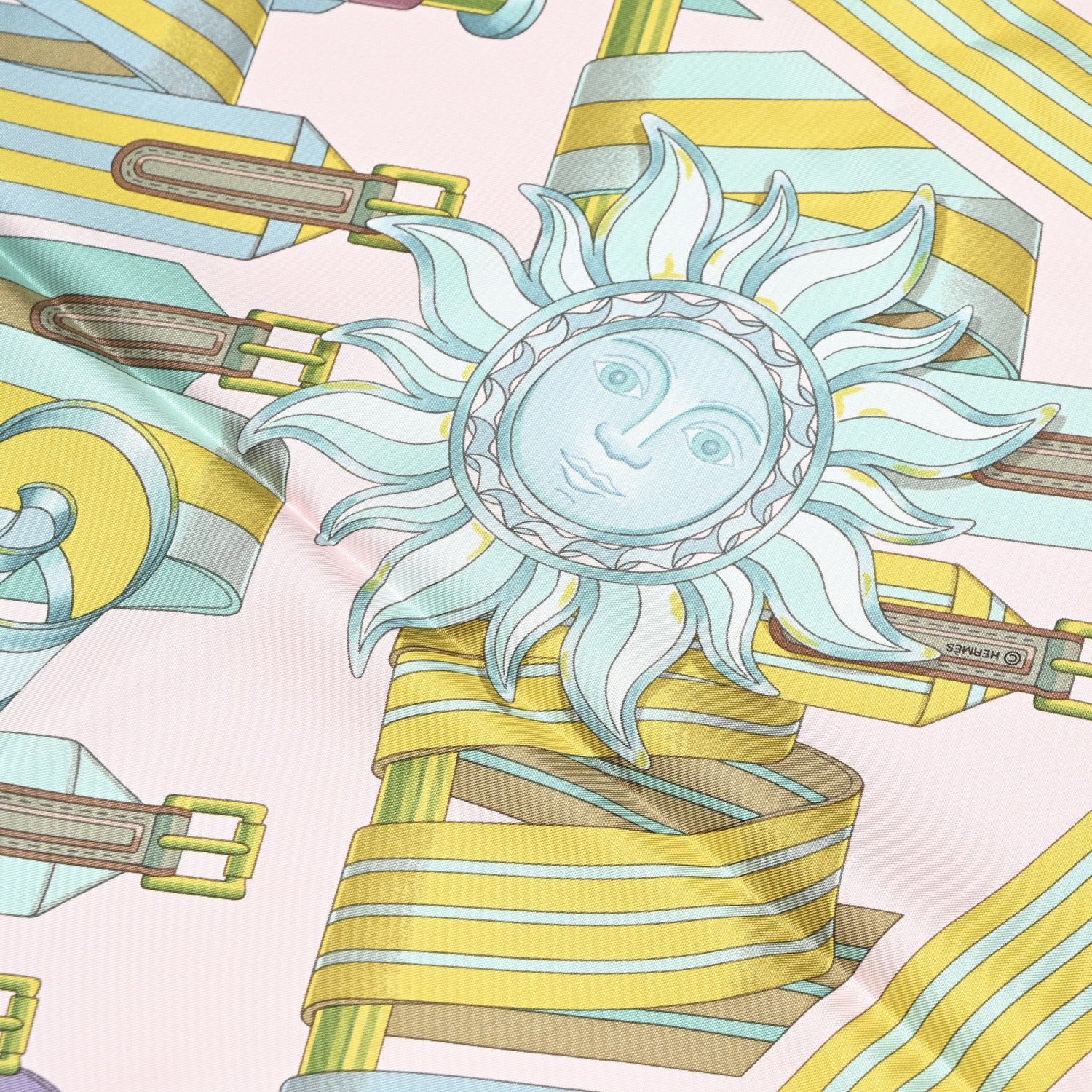 Hermes Silk Les Sangles de Phoebus Scarf 90 Rose Pale Aqua Arnica 4 of 5