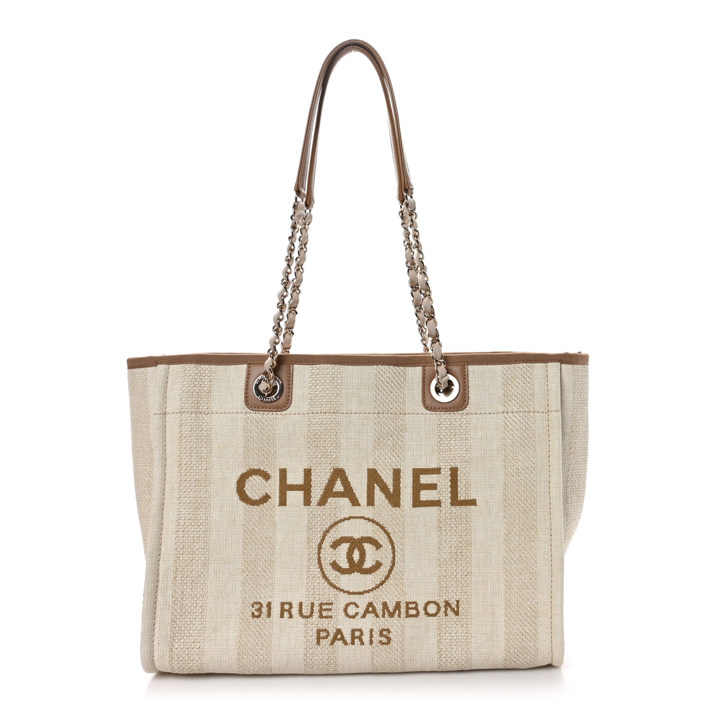 Mixed Fibers Calfskin Striped Small Deauville Tote Beige