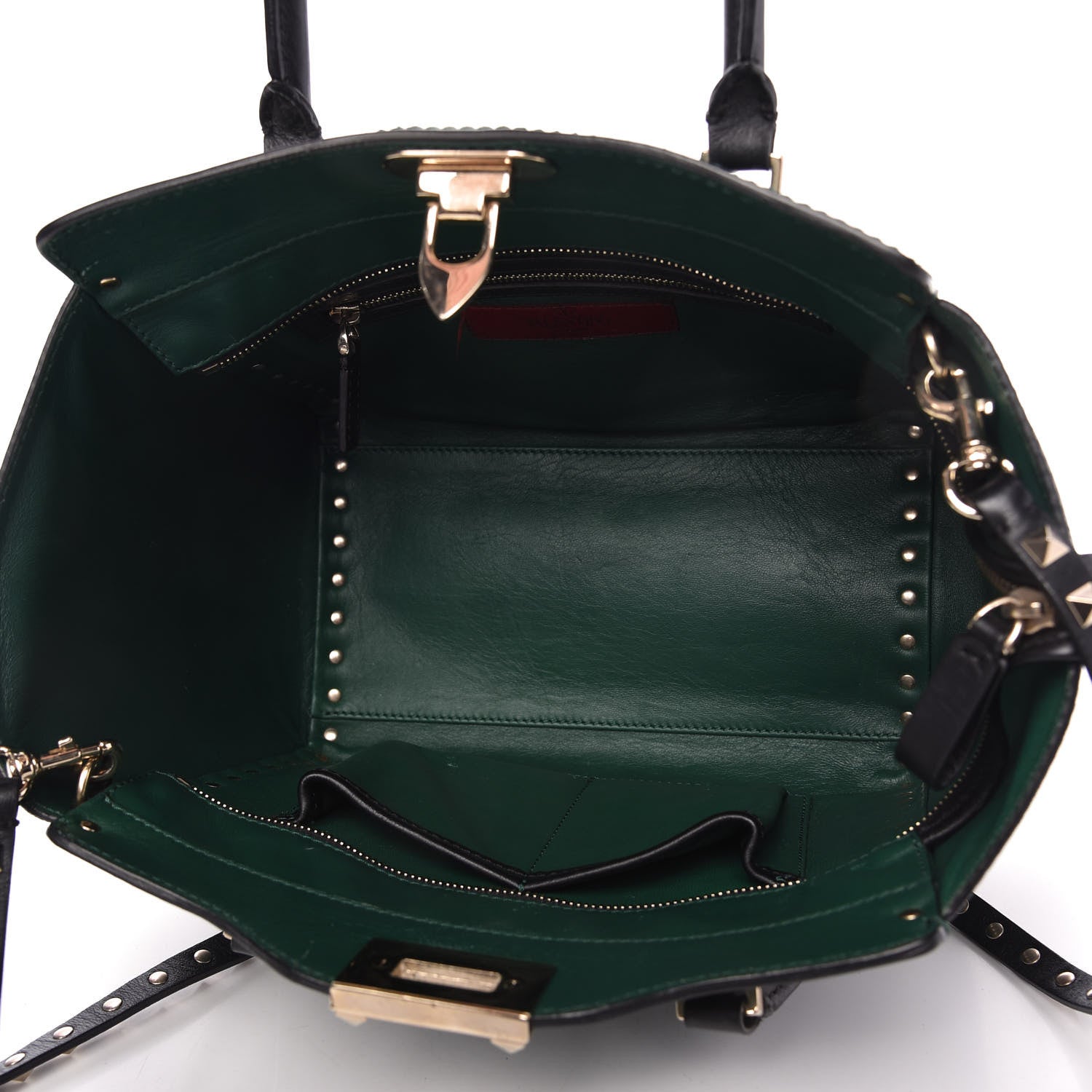 Valentino Garavani Vitello Bi-Color Small Rockstud Double Handle Tote Green Black 5 of 9