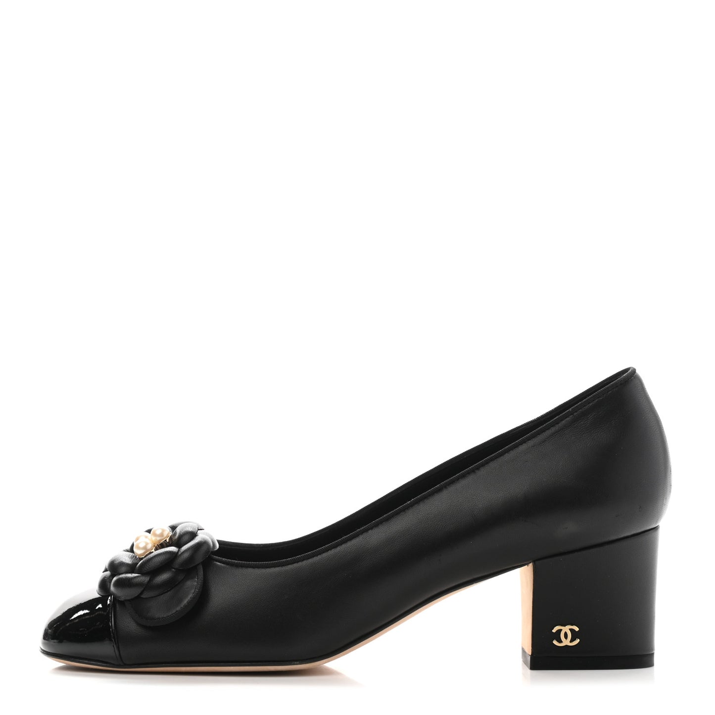 Lambskin Patent Calfskin Pearl Camellia Cap Toe Pumps 38.5 Black