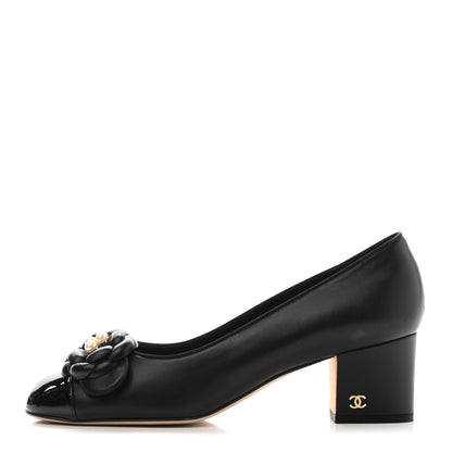Chanel Lambskin Patent Calfskin Pearl Camellia Cap Toe Pumps 38.5 Black 1 of 16