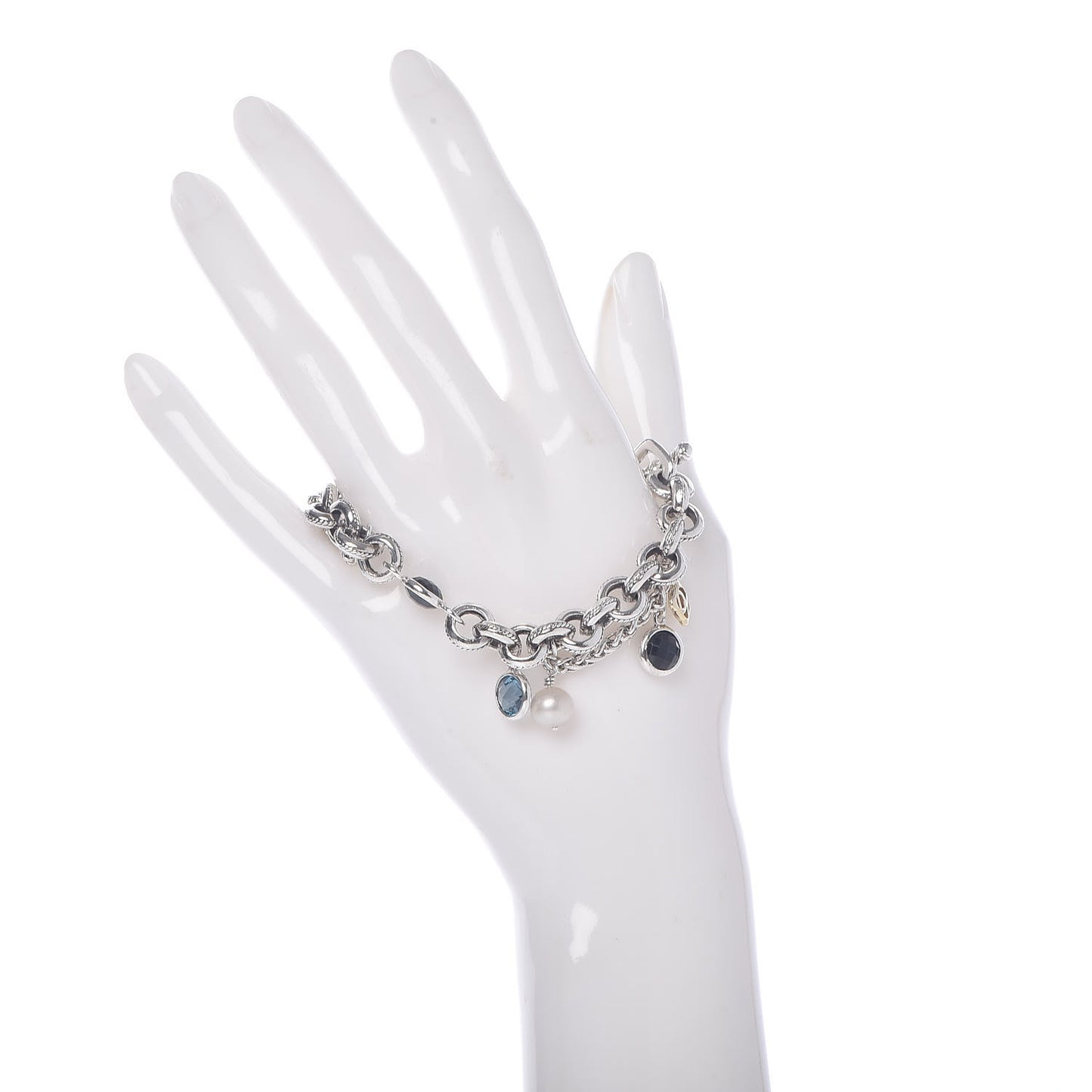 Sterling Silver 18K Yellow Gold Blue Topaz Pearl Black Onyx Old World Charm Bracelet