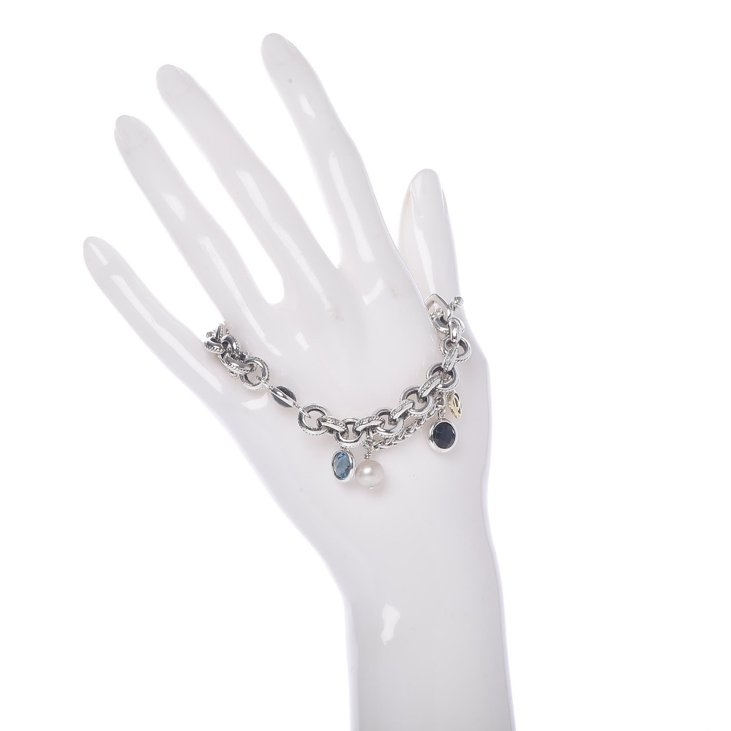 David Yurman Sterling Silver 18K Yellow Gold Blue Topaz Pearl Black Onyx Old World Charm Bracelet 2 of 5