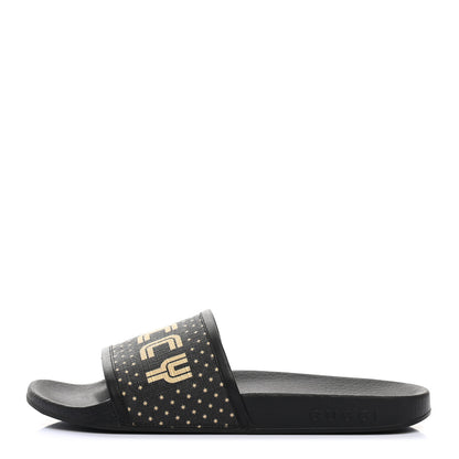 Gucci X SEGA Supreme Canvas GUCCY Stars Womens Slide Sandals 37 Black Gold 1 of 7