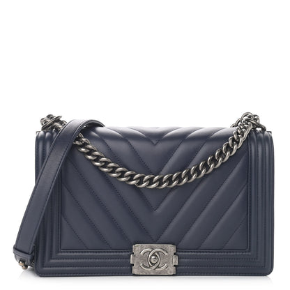 Chanel Calfskin Chevron Quilted New Medium Boy Flap Dark Navy Blue 1 of 12