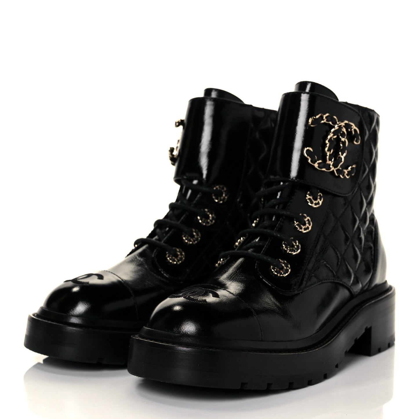 Shiny Calfskin Quilted Lace Up Combat Boots 35.5 Black