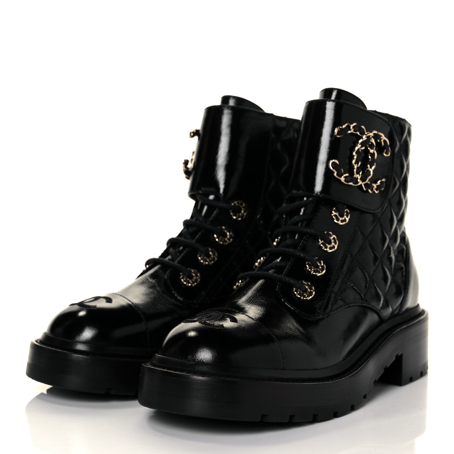 Chanel Shiny Calfskin Quilted Lace Up Combat Boots 35.5 Black 3 of 9