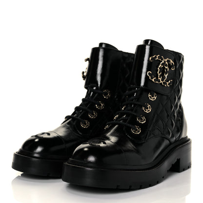Chanel Shiny Calfskin Quilted Lace Up Combat Boots 35.5 Black 3 of 9