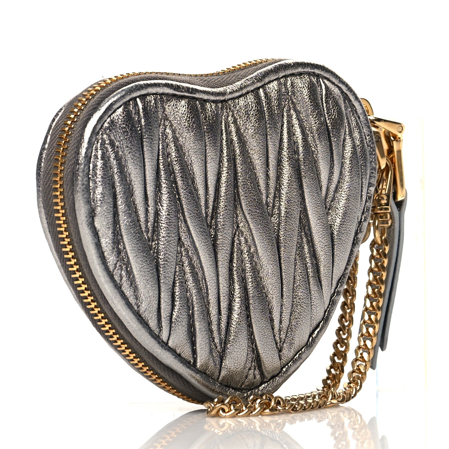 Miu Miu Metallic Nappa Matelasse Heart Wristlet Pouch Cromo 2 of 8