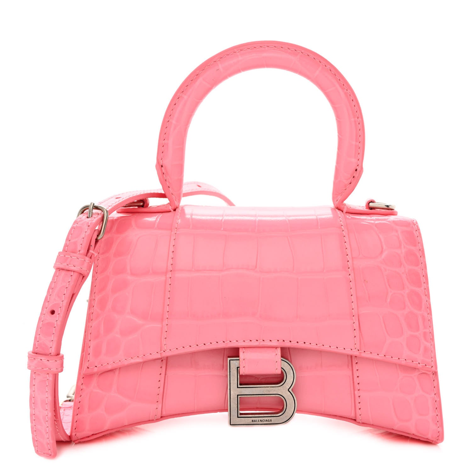 Balenciaga Shiny Calfskin Crocodile Embossed Hourglass Top Handle Bag XS Sweet Pink 1 of 14