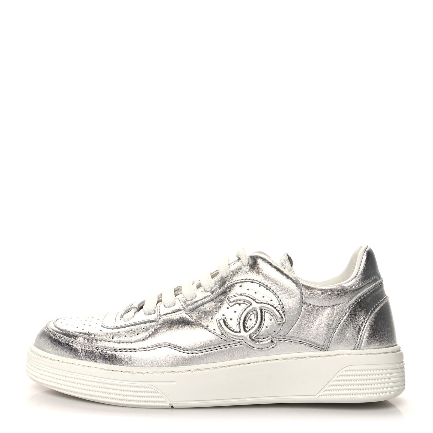 Laminated Calfskin CC Womens Sneakers 36 Silver