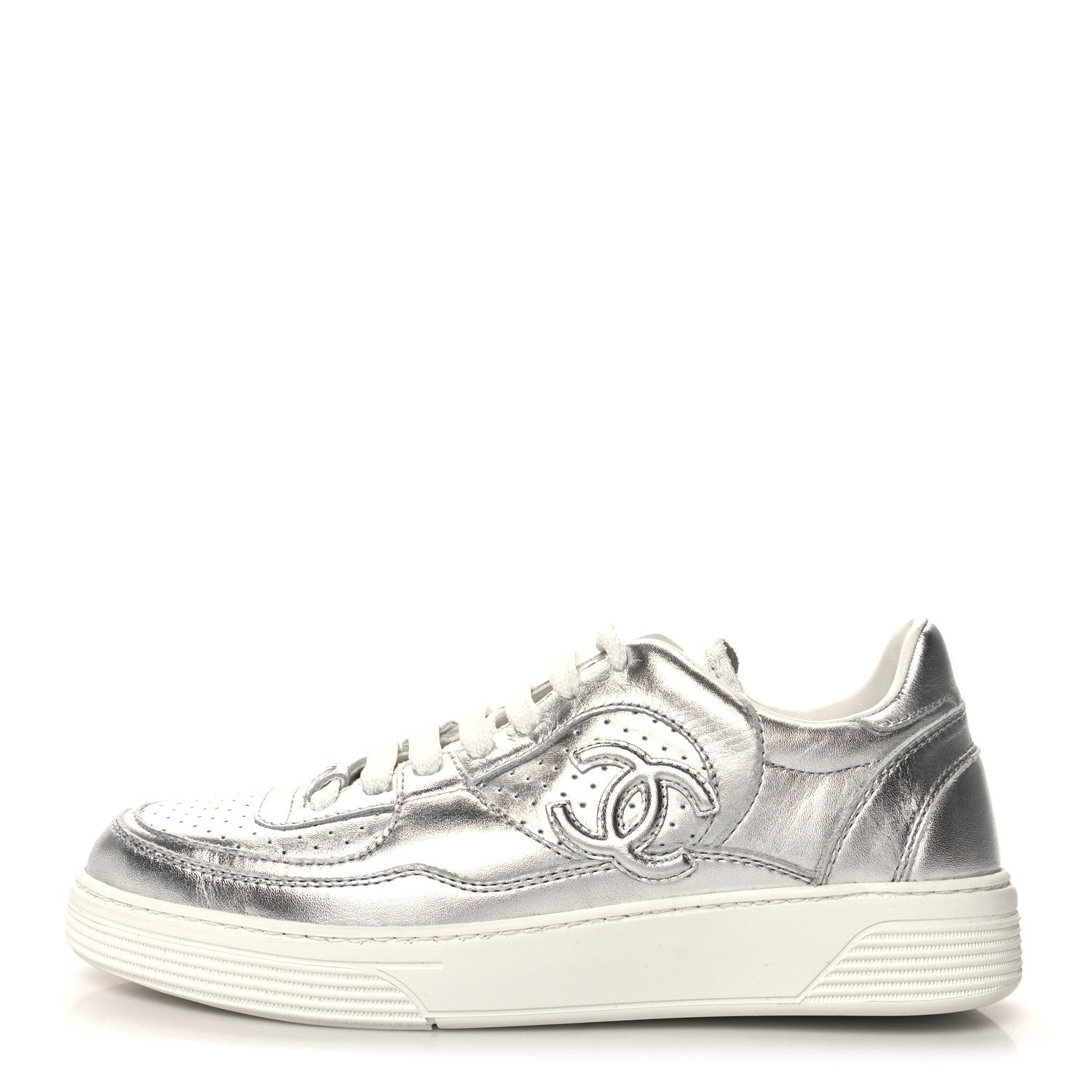 Chanel Laminated Calfskin CC Womens Sneakers 36 Silver 1 of 8