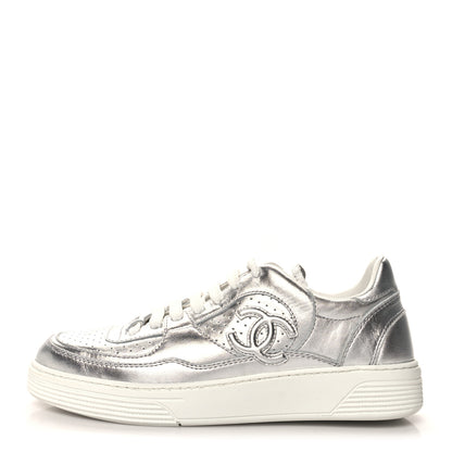 Chanel Laminated Calfskin CC Womens Sneakers 36 Silver 1 of 8