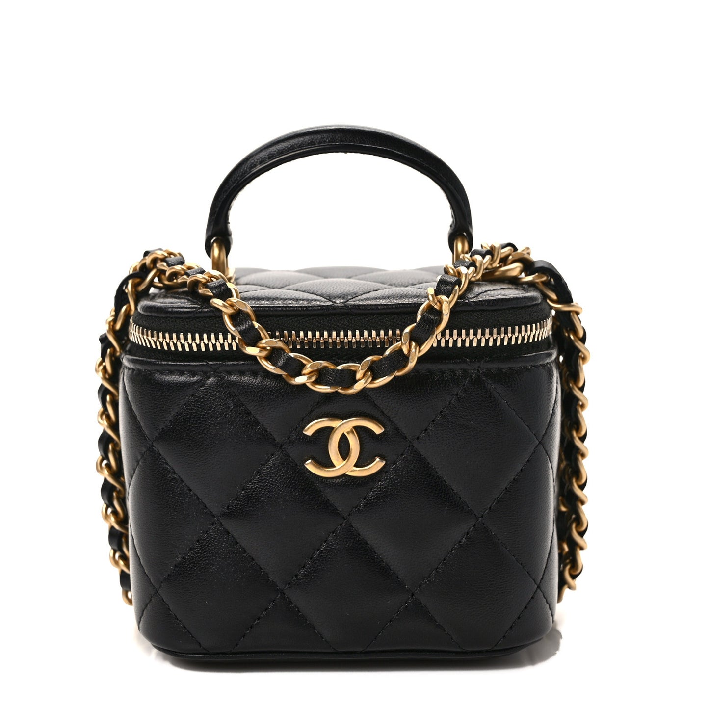 Lambskin Quilted Top Handle Mini Vanity Case With Chain Black