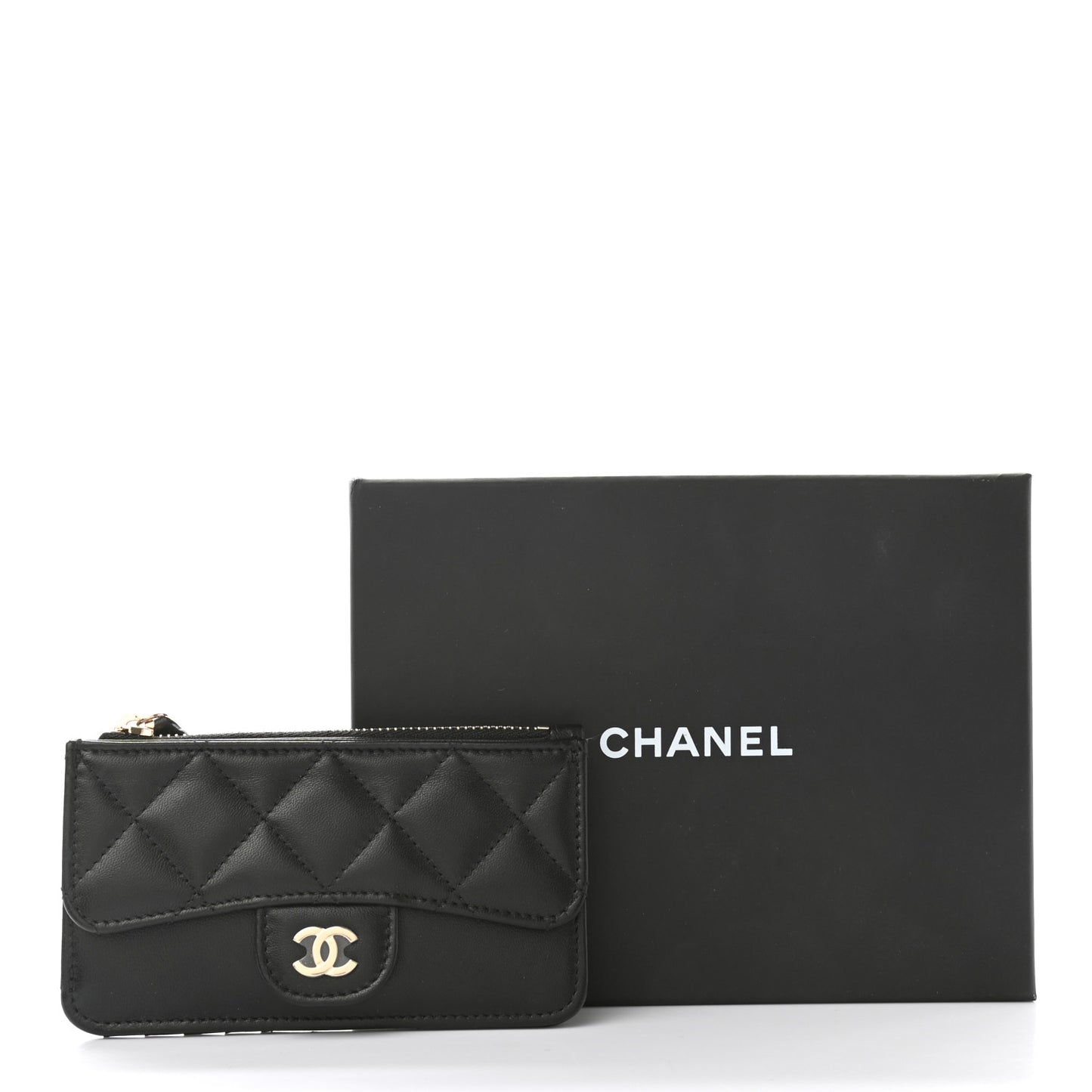 Lambskin Quilted Flap Zip Card Holder Black