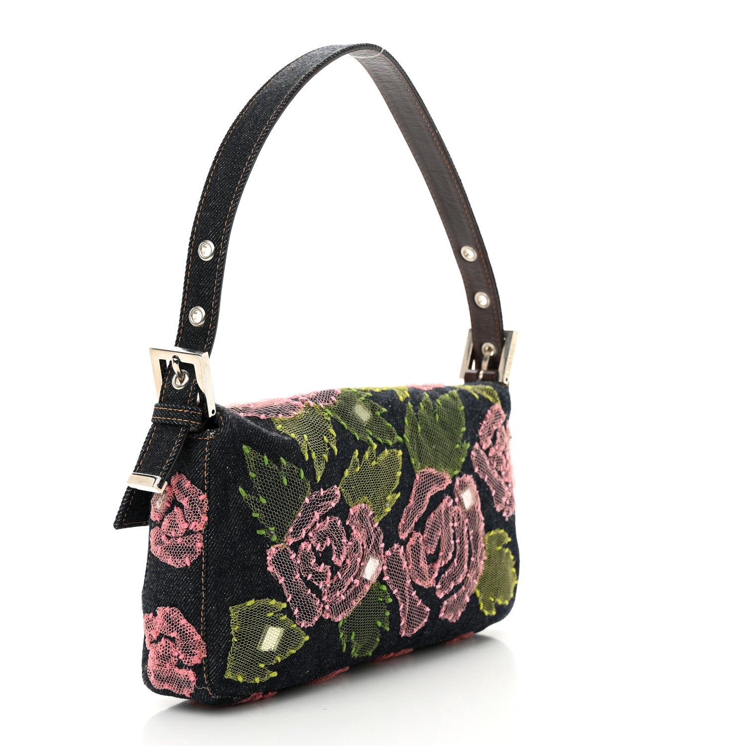 Fendi Denim Lace Embroidered Floral Baguette Blue Multicolor 3 of 9