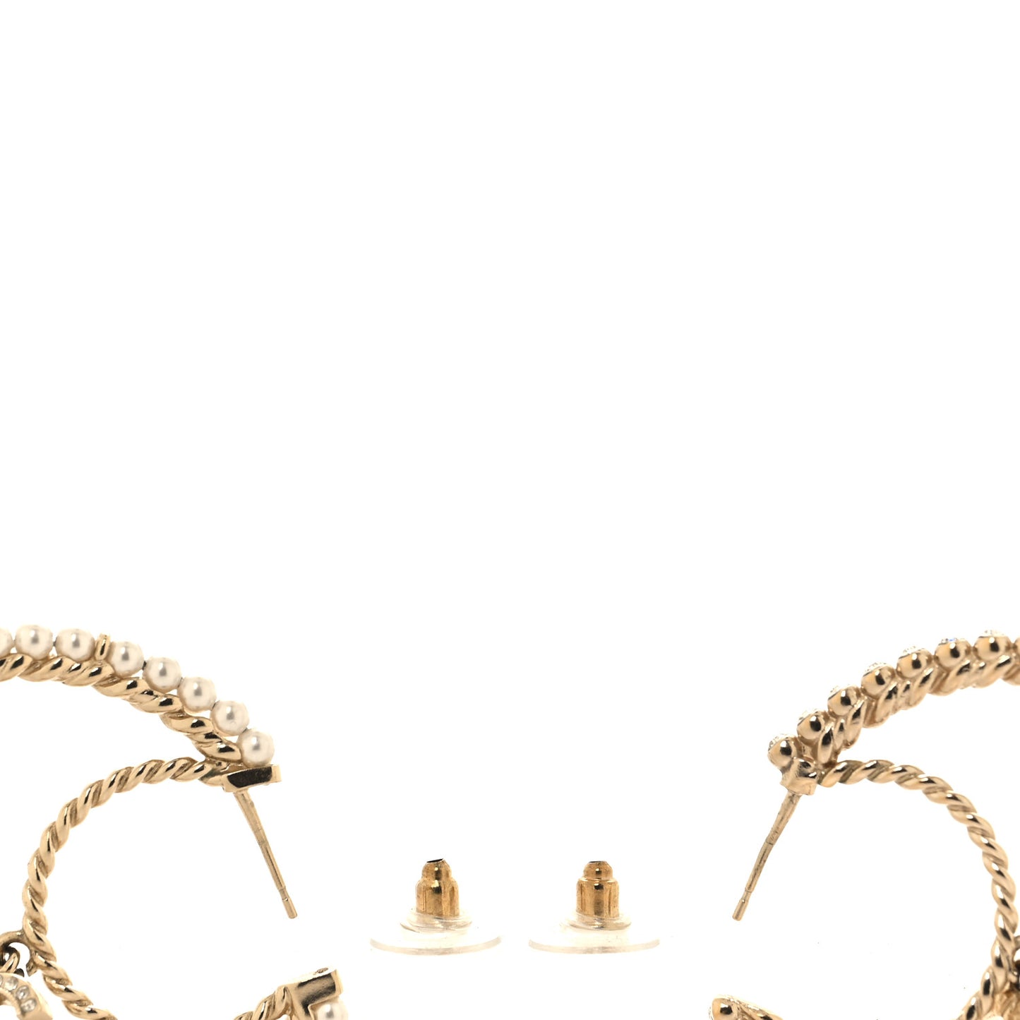 Crystal Pearl CC Drop Hoop Earrings Gold Pearly White