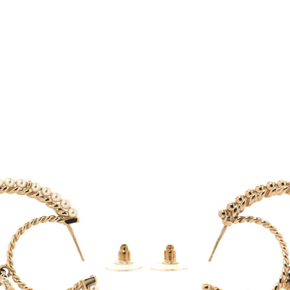 Chanel Crystal Pearl CC Drop Hoop Earrings Gold Pearly White 3 of 6