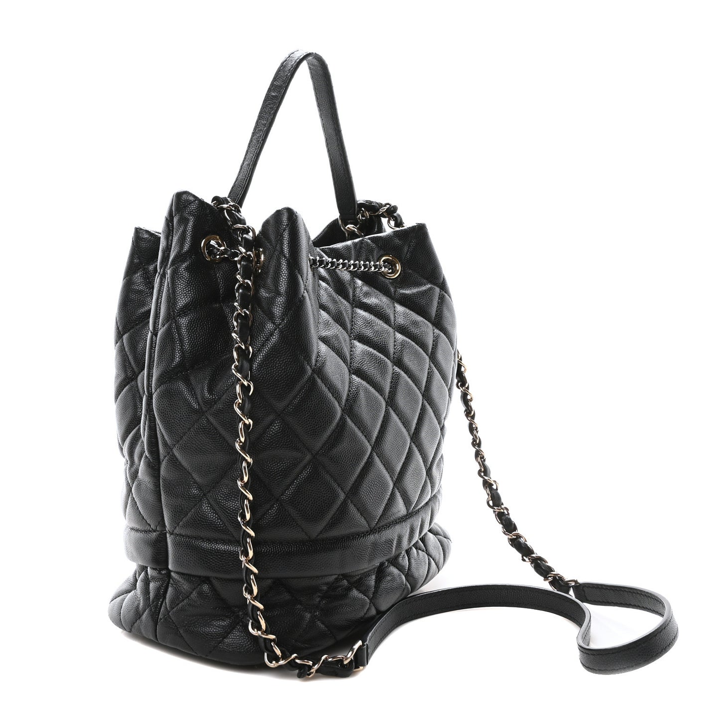 Caviar Quilted Large Rolled Up Bucket Drawstring Bag Black