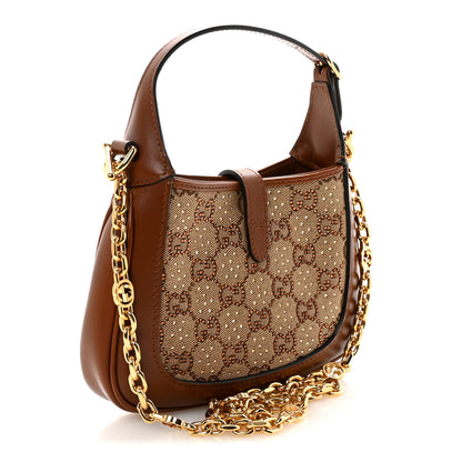 Gucci New Canvas Charisma Calfskin Crystal GG Monogram Mini Jackie 1961 Hobo Camel Ebony 3 of 10