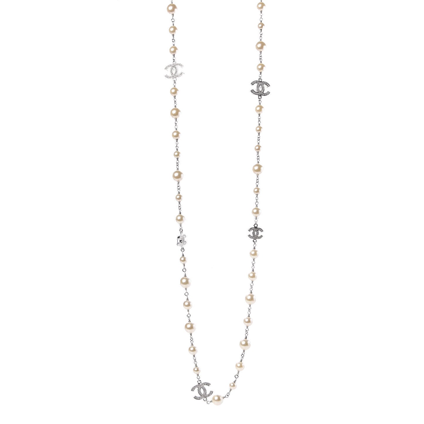 Crystal Pearl CC Long Necklace Silver