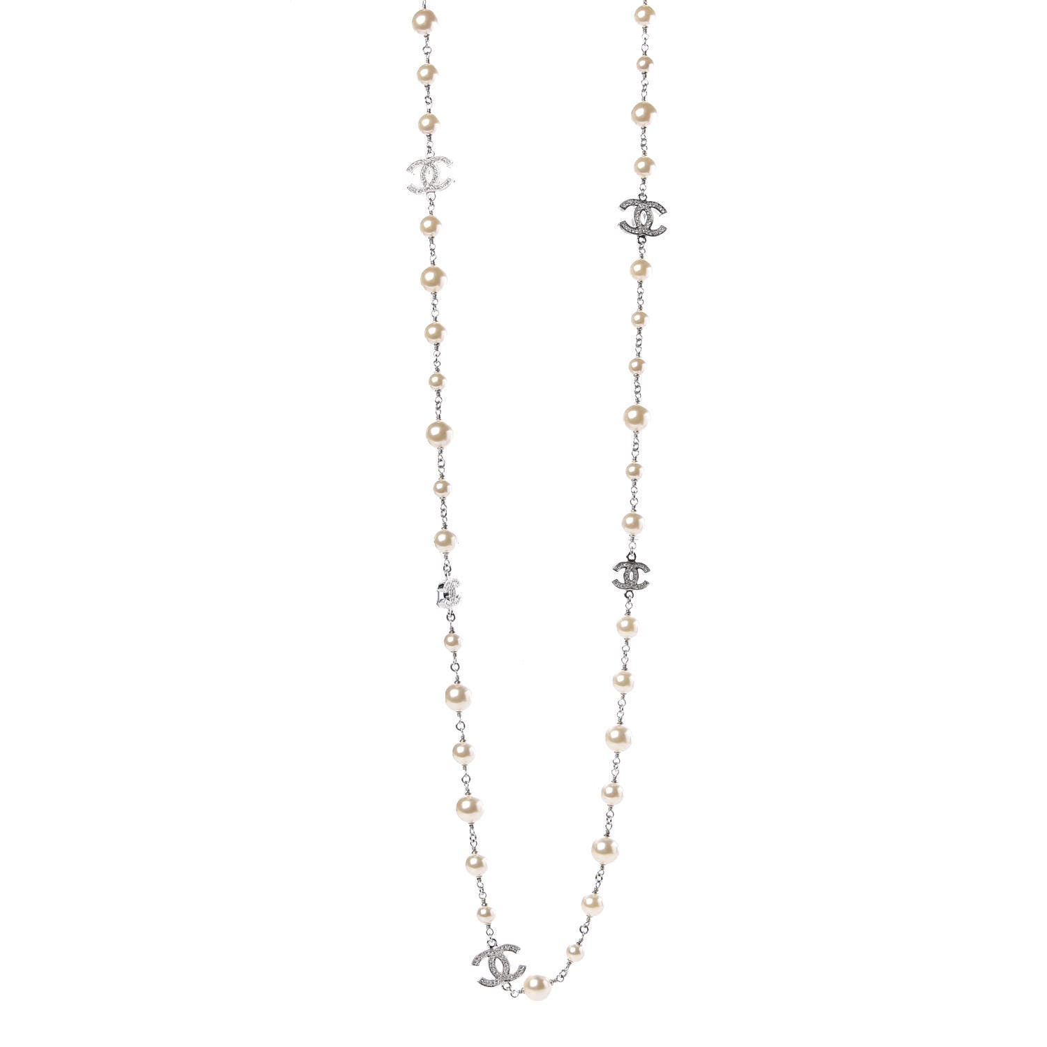 Chanel Crystal Pearl CC Long Necklace Silver 1 of 6