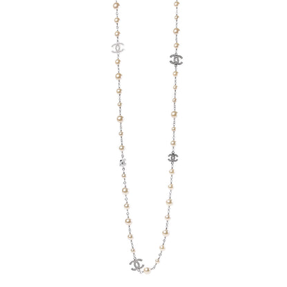Chanel Crystal Pearl CC Long Necklace Silver 1 of 6
